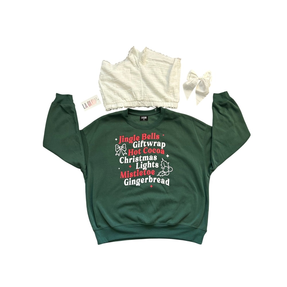 LA GLOW Christmas Pajama Set Womens XL Green Sweatshirt Lace Shorts Bow‎ 3pc NEW